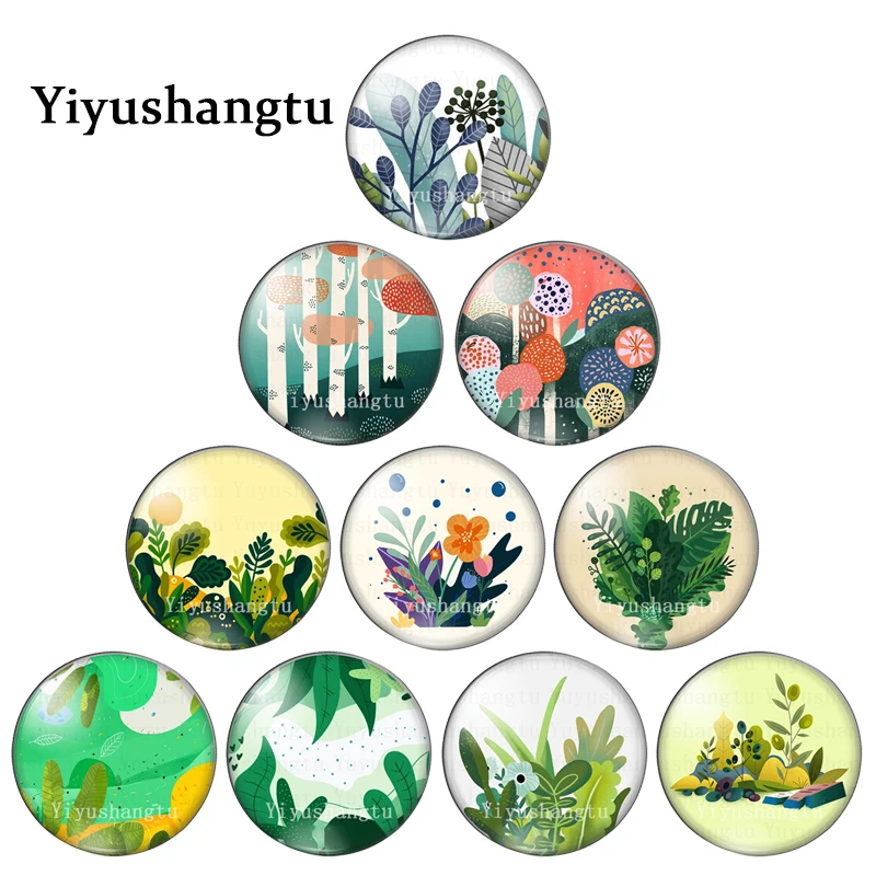 Colorful green plants and flowers painting 12mm/18mm/20mm/25mm Round photo glass cabochon demo flat back Making findings