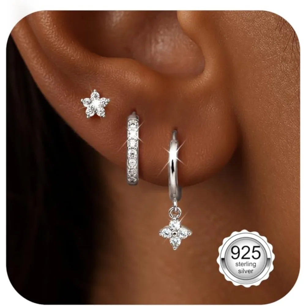 Fansilver 3Pairs Sterling Silver Earrings for Women Stud Hoop Earrings Set Stack Cartilage Earrings for Multiple Piercings Jewel