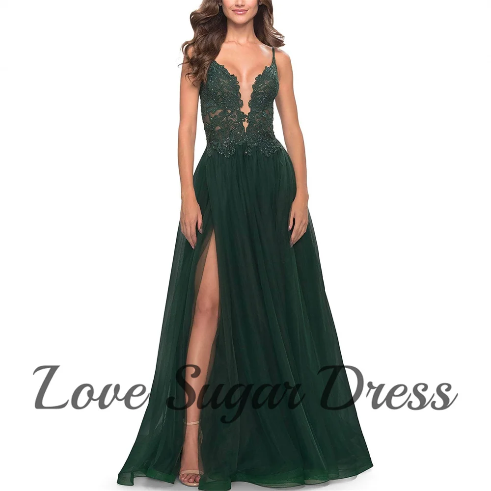 Vestidos de noite de renda verde esmeralda para mulheres sexy decote em v profundo vestido de baile uma linha alta fenda formal vestidos de festa плаajtiniaiч eusе