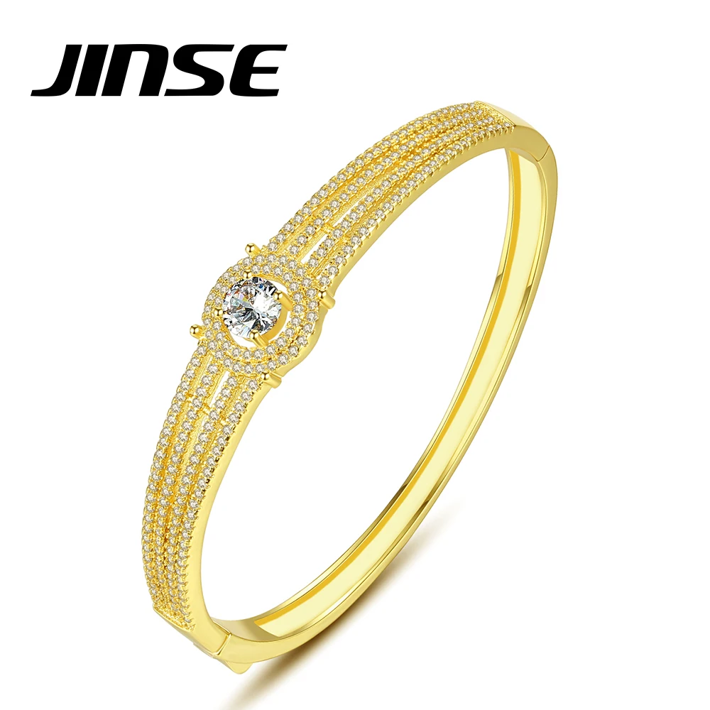 

JINSE Tiny Cubic Zirconia Paved Golden Bangles for Women Big Round CZ Girl Korean Fashion Accessories Punk Wide Bracelets