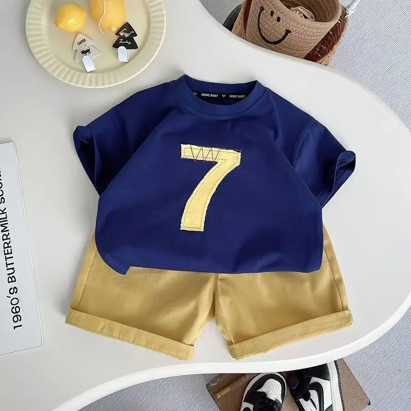 Infant Boys Two Piece Daily Clothes Set Vintage Stitched Applique Short Sleeve Top Elastic Waist Yellow Casual Shorts Suit