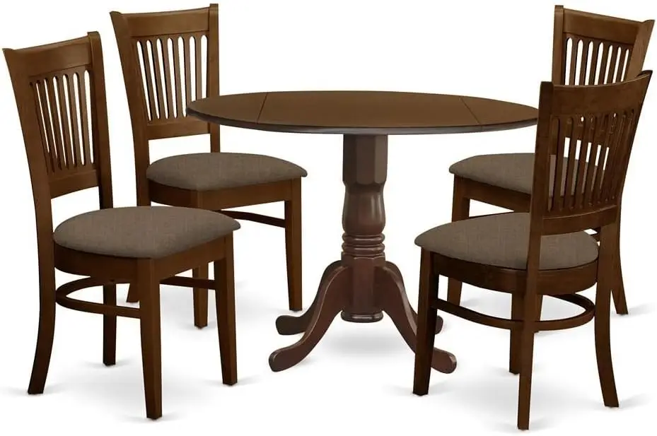 Dublin 5 Piece Set includes a Round Dining Room Table with Dropleaf and 4 Linen Fabric Upholstered Chairs, 4