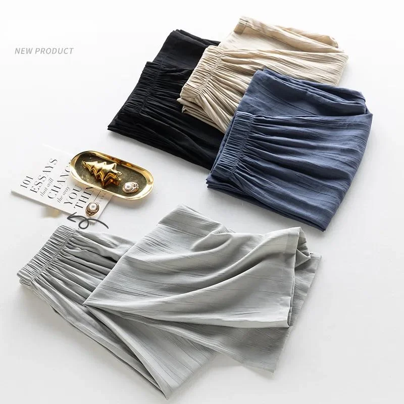 Summer Lightweight Loose Straight Pants Women Korean High Waist Breathable Slightly Wrinkled Casual Wide Leg Pants