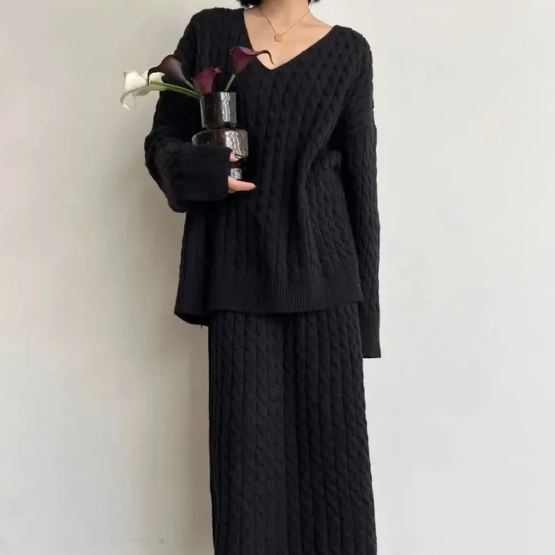 Korean Chic Autumn Knitwear Two Piece Set V-neck Cable-knit Pullover Sweaters High Waist Straight Long Skirts 2024 Dress Sets