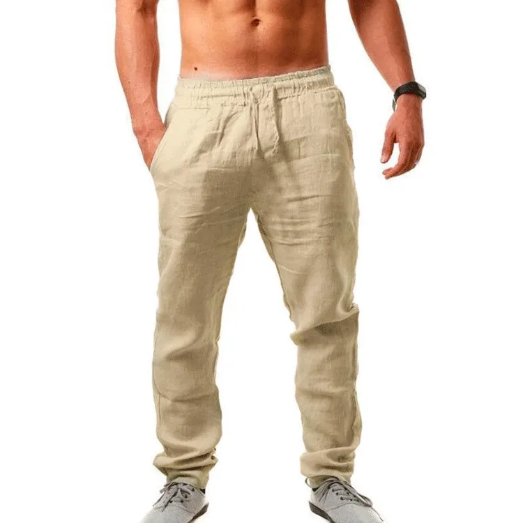 Natural Linen Comfortable Beach Anti-UV Beach Men's Casual Pants Linen Elastic Waist Trousers