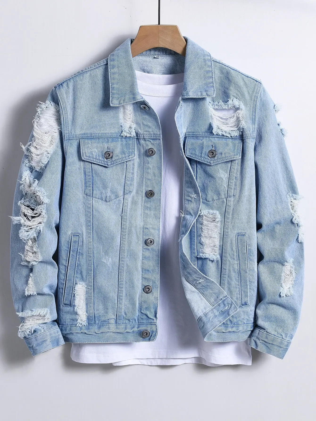 

GELITAYIN Men's Denim Jacket For Spring And Autumn. Light Blue Ripped Denim Jacket. Street Trend Style. Daily Casual.