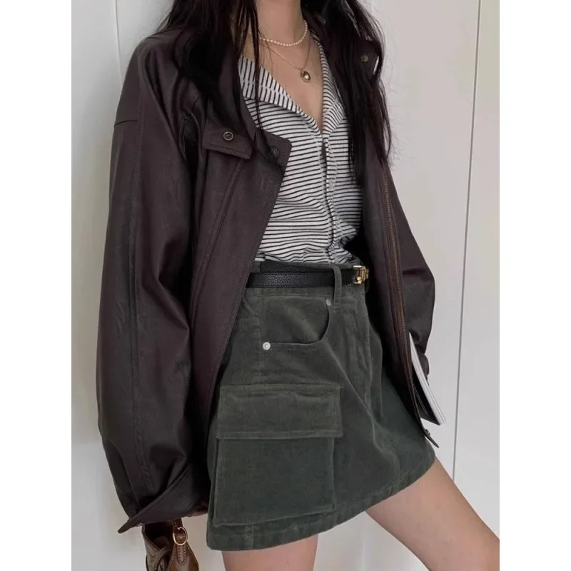 Lautaro Autumn Cool Brown Oversized Leather Jacket Women Drop Shoulder Long Sleeve Zippper High Quality American Retro Clothing