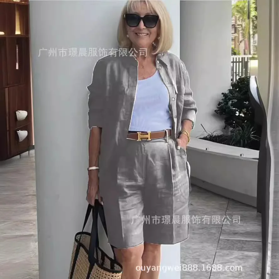 2024 Eleganckie 2-częściowe zestawy dla kobiet Womens Cardigan Shirt Top Summer Solid Color Casual Shorts Two Piece New In Matching Sets