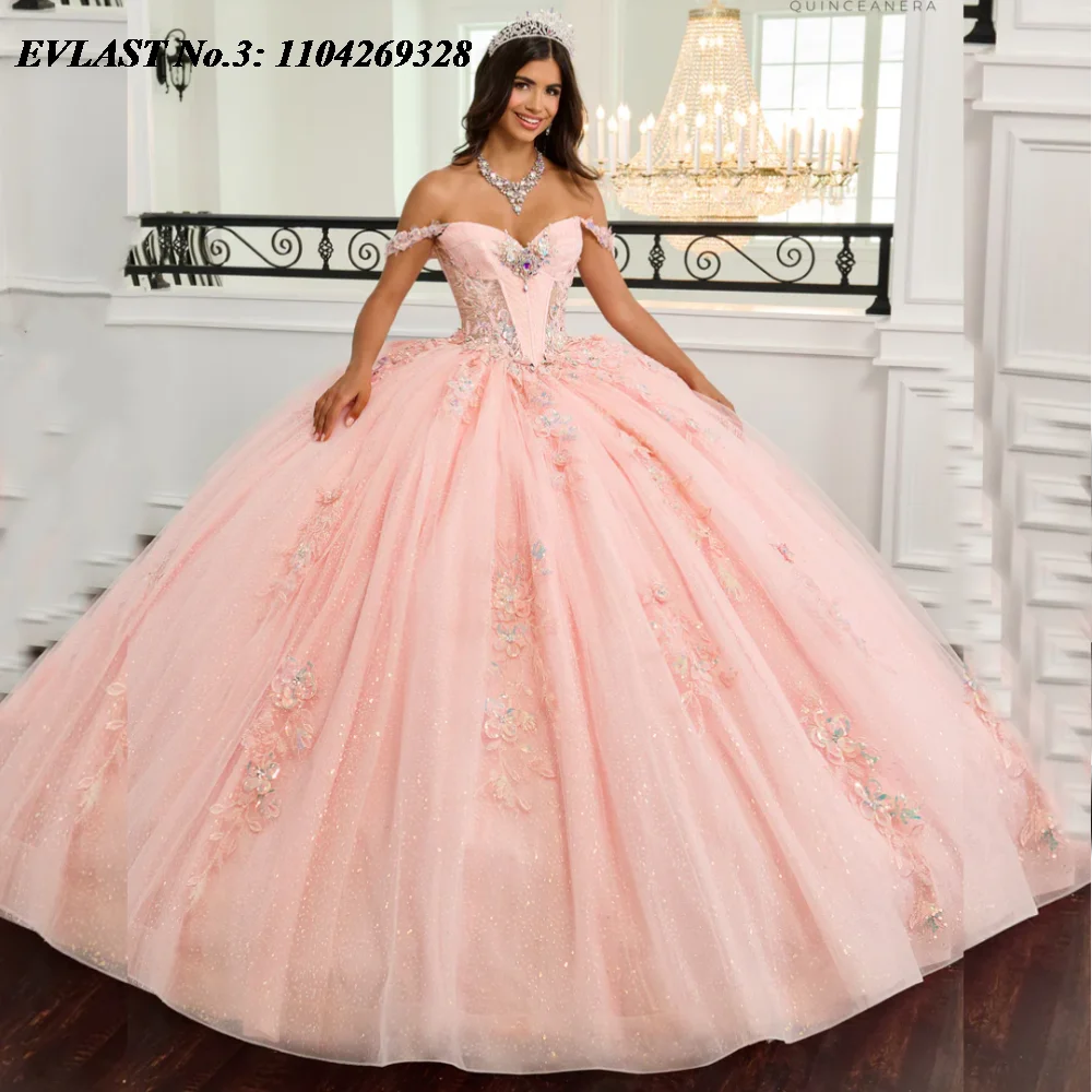 EVLAST Customized Glitter Pink Quinceanera Dress Ball Gown Lace Applique Beaded Bow Mexican Sweet 16 Vestido De 15 Anos E3Q447