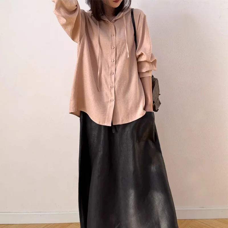 Birdtree, 100% Real Silk Jacquard Blouse, Spun Silk Loose Tops, Women's Hooded Full Sleeve Pink Shirt, 2026 Spring New T62005JF