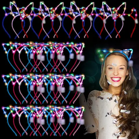 64 Pieces Light Up Cat Ears Headband Bunny LED Glow in Dark Animal Hairbands for Adult Birthday Rave Party Supplies