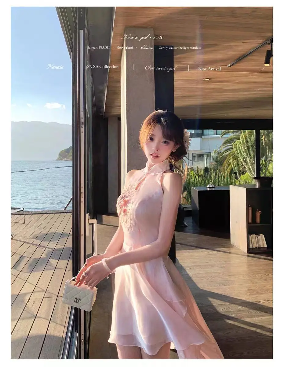Elegant Coquette Chinese Style Halter Mini Pink Dress Women Slim Fit Irregular Hem 3D Floral Embroidery Party Date Night Outfit