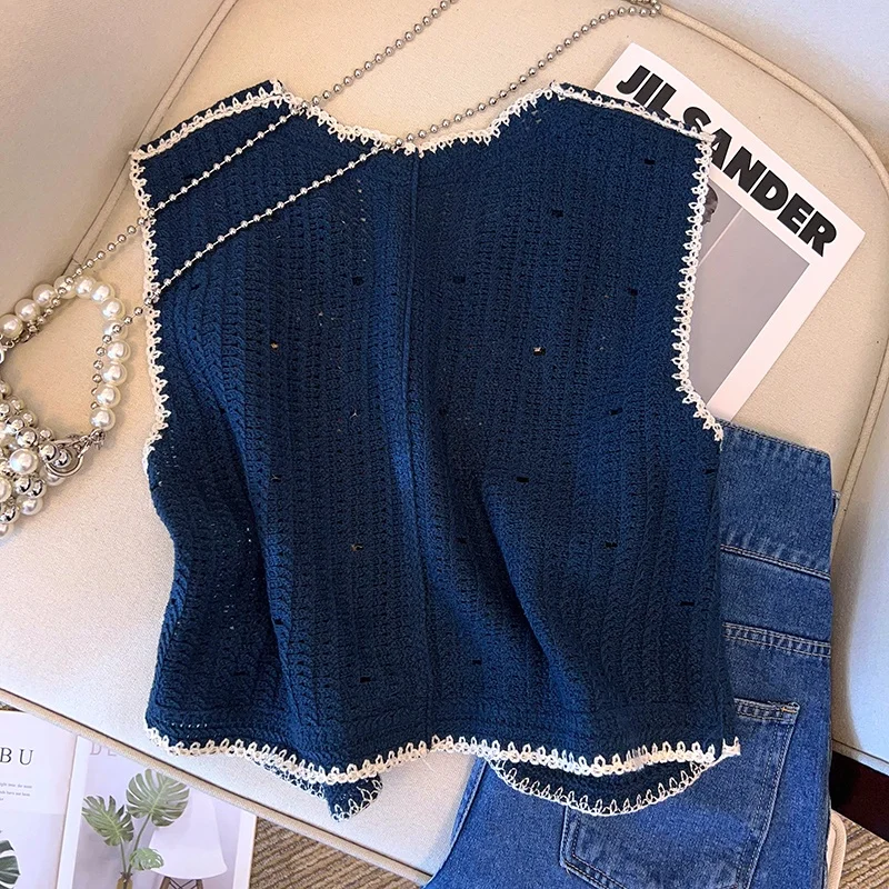 Colete Tricotado Feminino com Bordado e Recortes, Moda Casual de Outono, Ajuste Solto em Poliéster