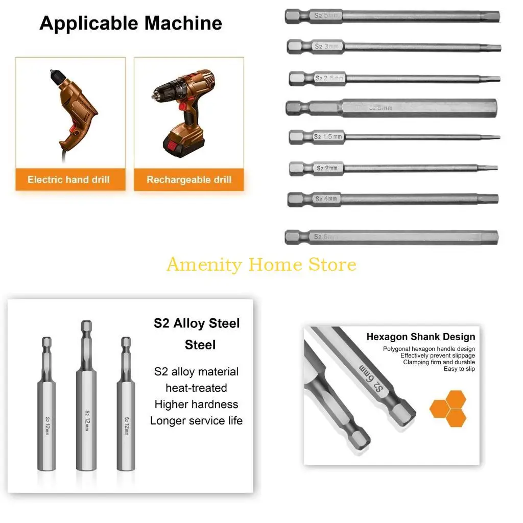 

F26C 8/10Pcs 1/4" Hex Screwdriver Bit 1/4" Hex Shank 4" Length Magnetic AlloySteel Power DrillBit 1.5-H12 Bit