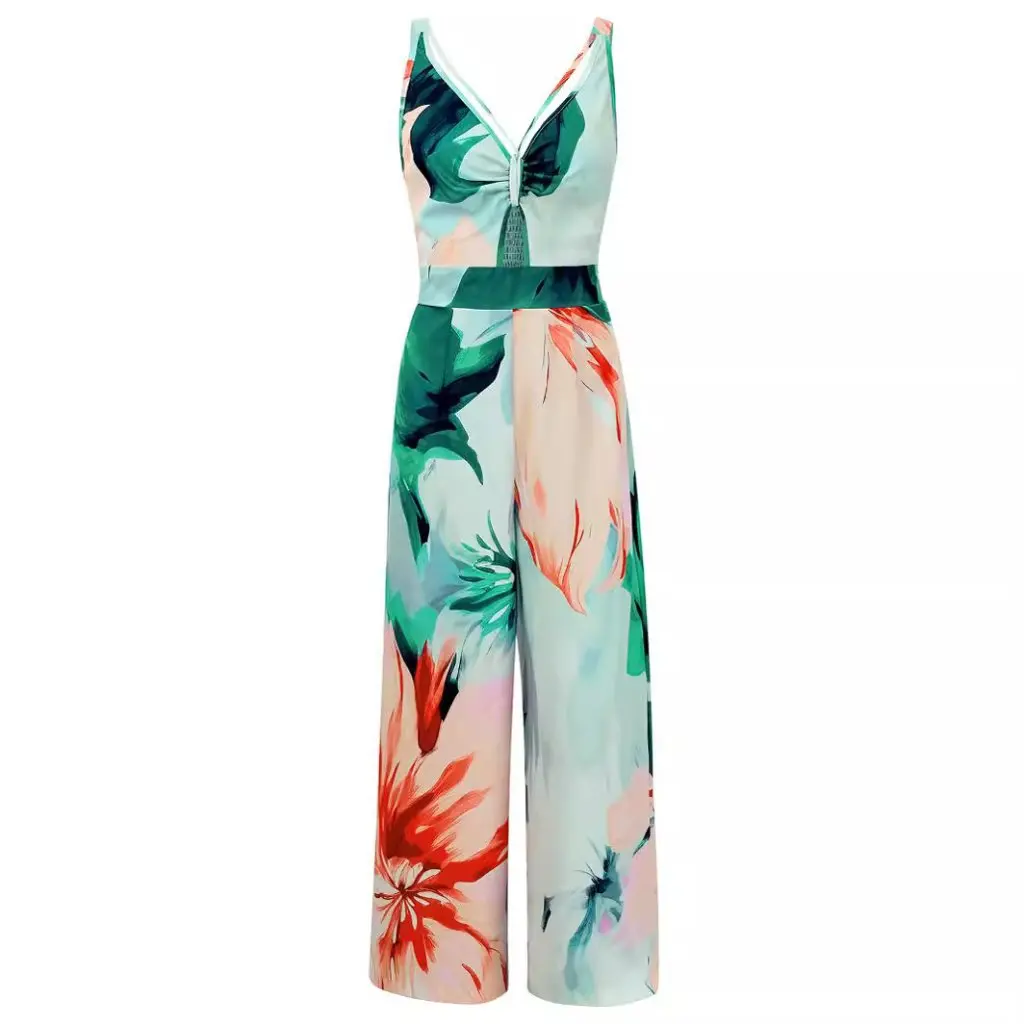 

Женский летний модный повседневный комбинезон с принтом и плечевым ремнем, полый дизайн, модная одежда для Amazon