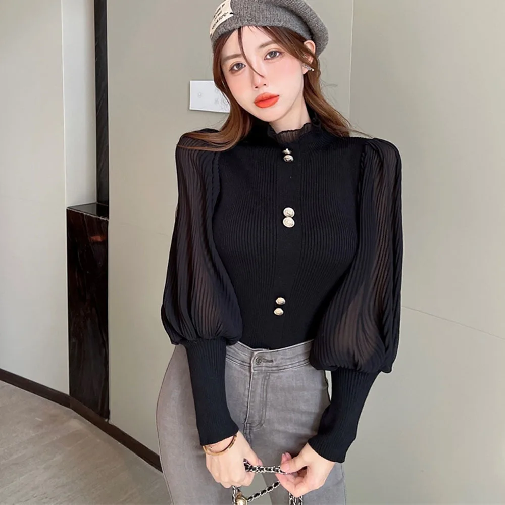 Patched Full Chiffon Lantern Sleeve Knitted Sweaters Jumpers Crop Tops Girls Turtleneck Solid Buttons Sweater Pullovers Women