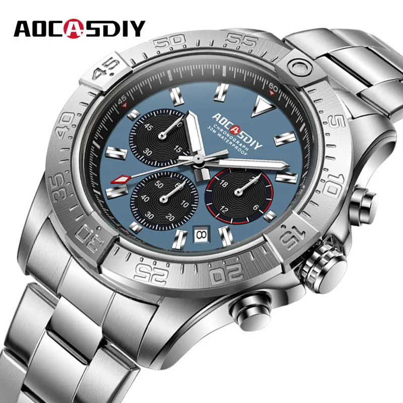 Foreign trade watch men's watch three-eye six-pin steel belt watch luminous calendar quartz watch