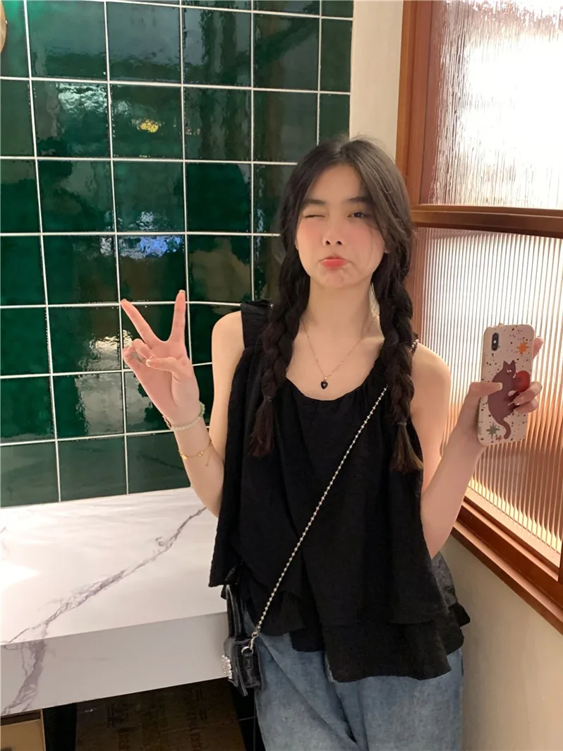 

Ele ort Svel Square Collar Doll irt Summer Sweetn High-End Feel Strapl Chic Sle Ladies' Busin Casual...