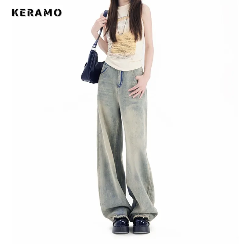 

Women Vintage High Waist Straight Tassels Jeans High Street Style Baggy Washed Pants Fashion Wide Leg Y2K Female Denim Trouser