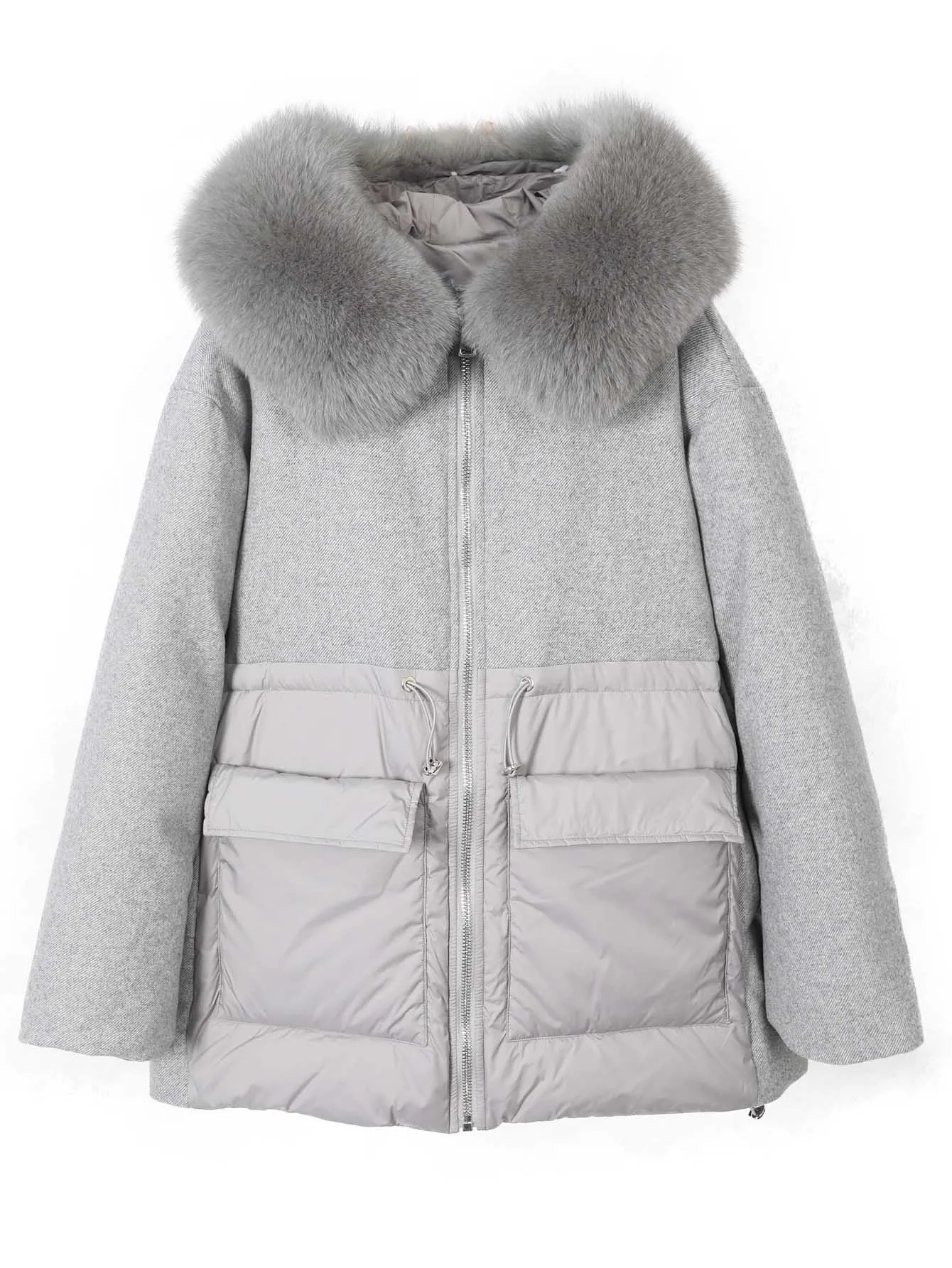 Streetwear Women Winter Down Coat Wool Fabric Spliced Puffer Jacket Huge Natural Fox Fur Collar Hooded Loose Mid-Length Parka