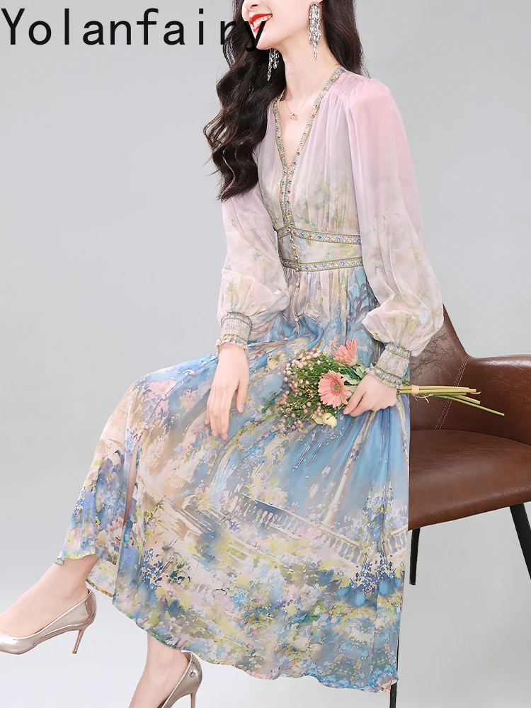 YOLANFAIRY Elegante 100% vera seta di gelso Abiti Donna 2025 Inizio autunno Abito da fata di lusso Abito da donna stampato a maniche lunghe