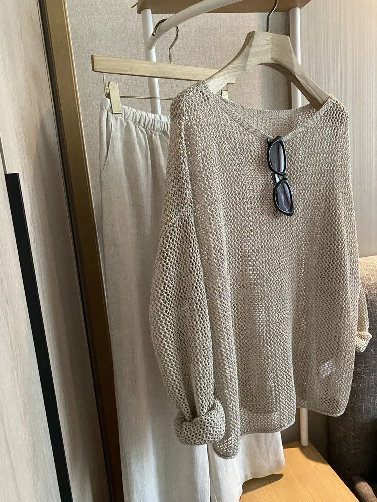Autumn women's casual solid color bead and paper yarn lazy style loose hollow long sleeved sweater