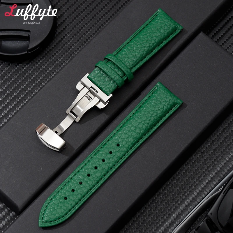 Litchi Grain Genuine Leather Watchband 18mm 20mm 22mm with Stainless Steel Butterfly Buckle Men Women Casual Watch Straps