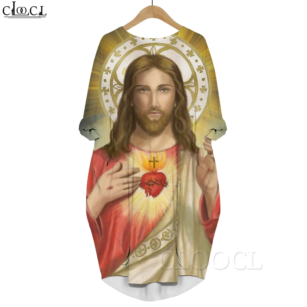 CLOOCL Harajuku Fashion Dress Virgin Mary Holding Baby 3D Printed Loose Dress with Pocket Long Sleeve Dress Party Clothing