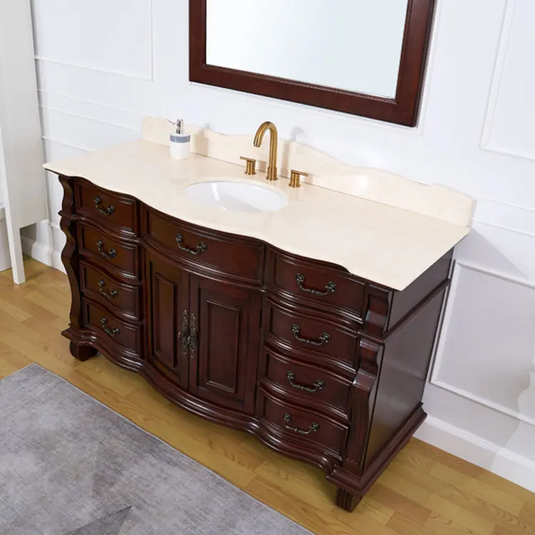 Classical Traditional Design Standing Solid Wood & MDF Brown Bathroom Vanity Cabinet with UV Lacquer Finish CUPC Ceramic Sink