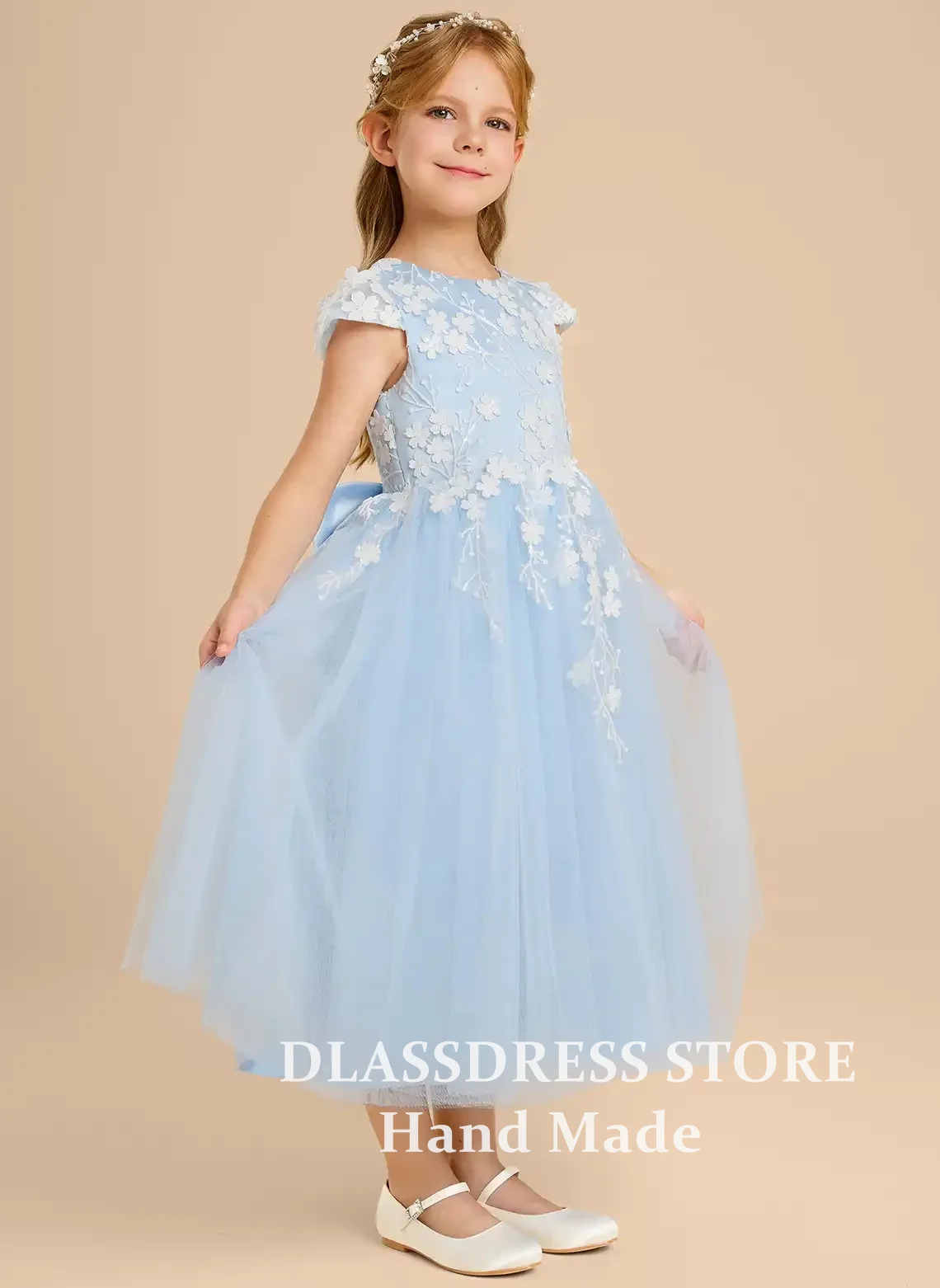 Customized Blue Tulle Flower Girl Dresses for Wedding Lace Applique A-Line First Communion Dress With Bow Birthday Party Gowns