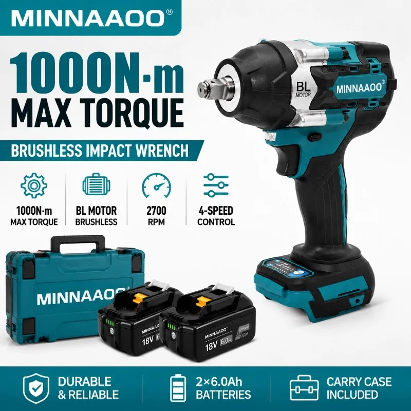 For Makita 18V Brushless Impact Wrench 1000N.m Cordless Electric Torque Tool With 2x6.0Ah Battery Carry Case