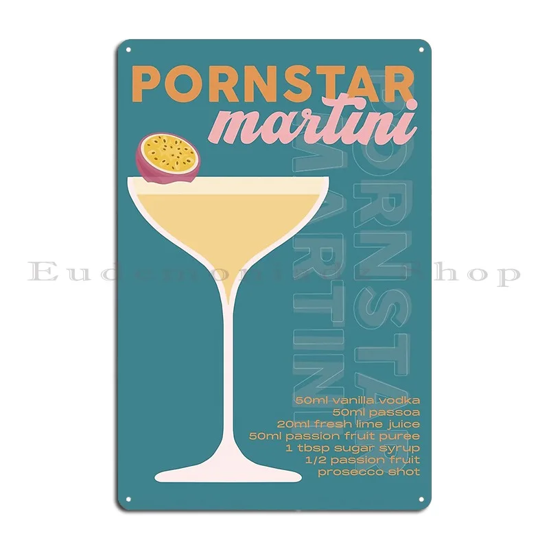 Pornstar Martini Cocktail Recipe Print Teal Orange Pink Metal Plaque Poster Iron Wall Decor Vintage Mural Tin Sign Poster