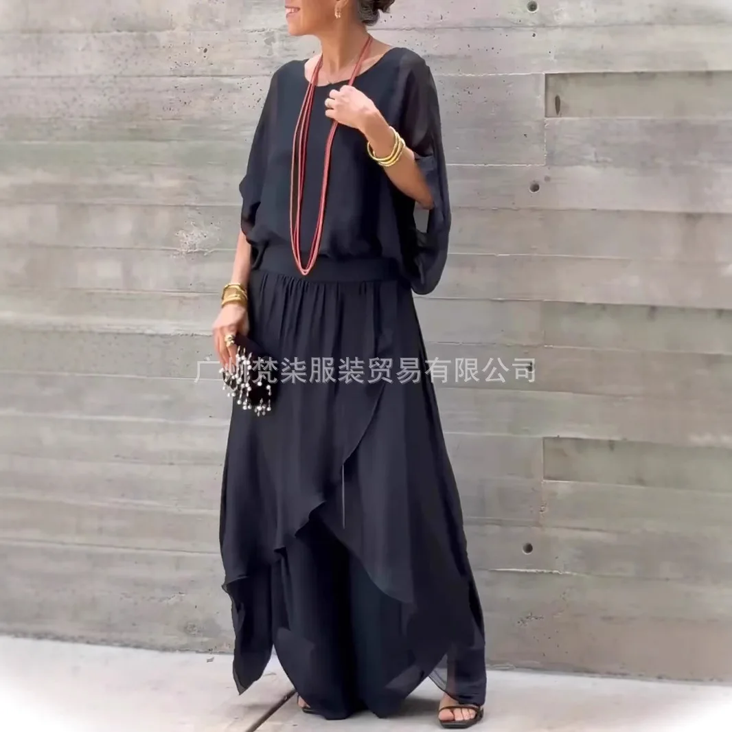 2025 verão moda feminina cor sólida casual na moda solta 2 peça conjuntos de chiffon o pescoço manga curta camisetas calças de perna larga