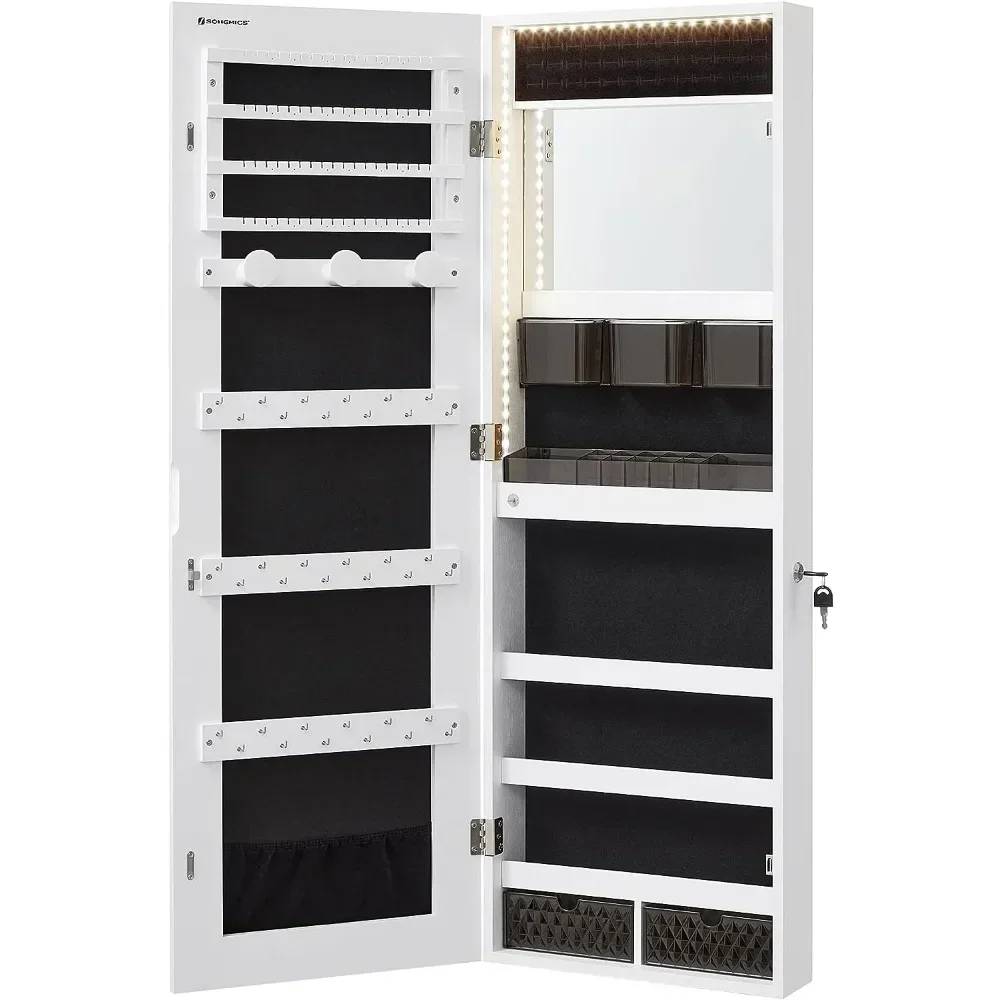 

Jewelry Cabinet Armoire Organizer, Wall/Door Mount Storage Cabinet with Full-Length Lighted Mirror, Built-in Makeup Mirror