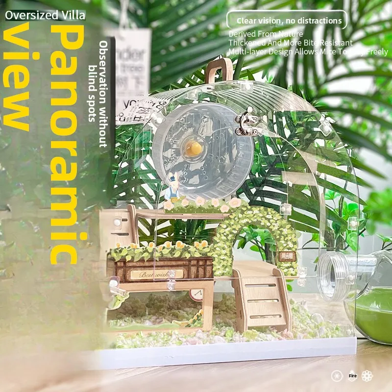 2-Tier Transparent Hamster Cage Luxury Habitat for Dwarf Hamsters Spacious Chew-Proof Hamster House with Running Wheels