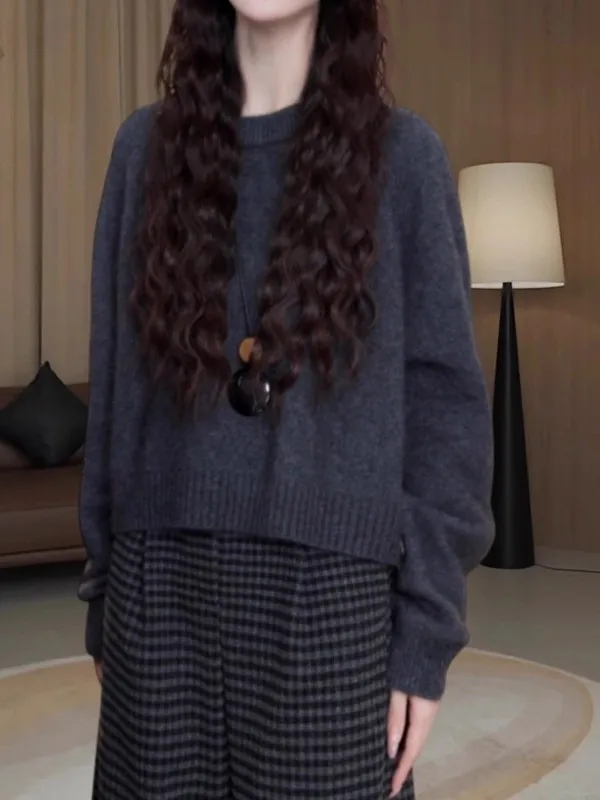 

Свободный вязаный свитер с круглым вырезом для женщин, осенне-зимний, больших размеров, комфортный, стройнящий, в корейском стиле, повседневный модный топ