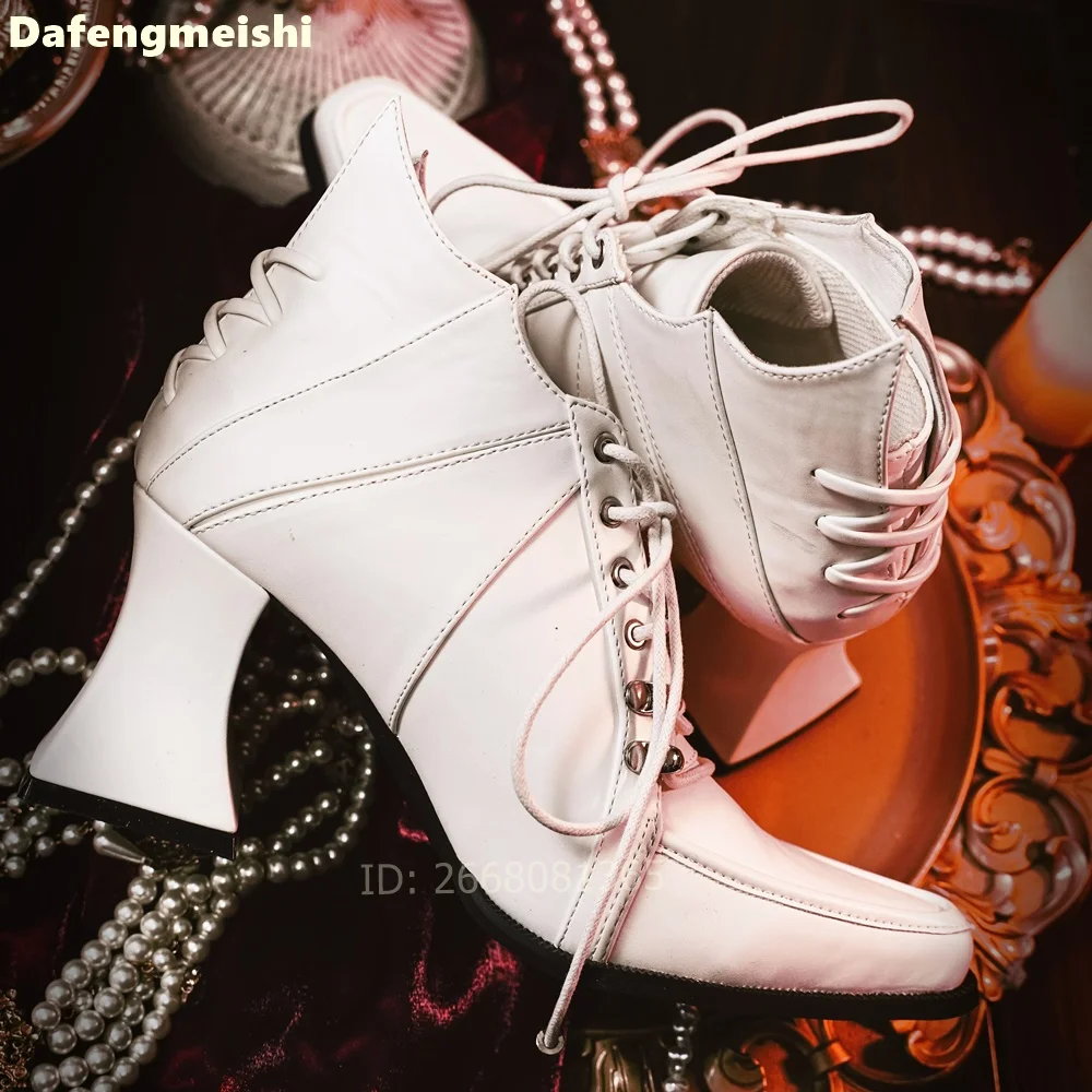 White Leather Square Toe Ankle Boots Front & Back Lace Up Block Heels Women Gothic Lolita Cosplay Daily Elegant Fashion Boots