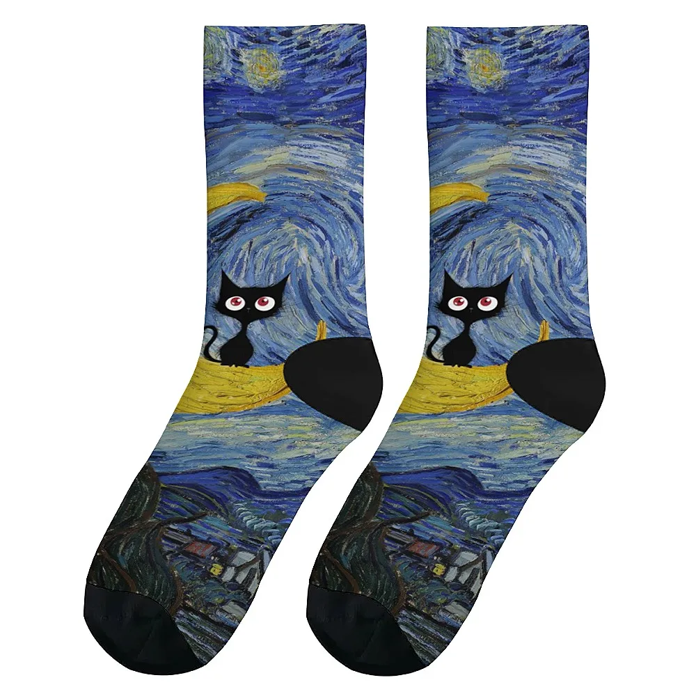 Black Cat pattern Versatilemen's novelty midtube socks fashionable and cute versatile style breathable and warm perfect gift