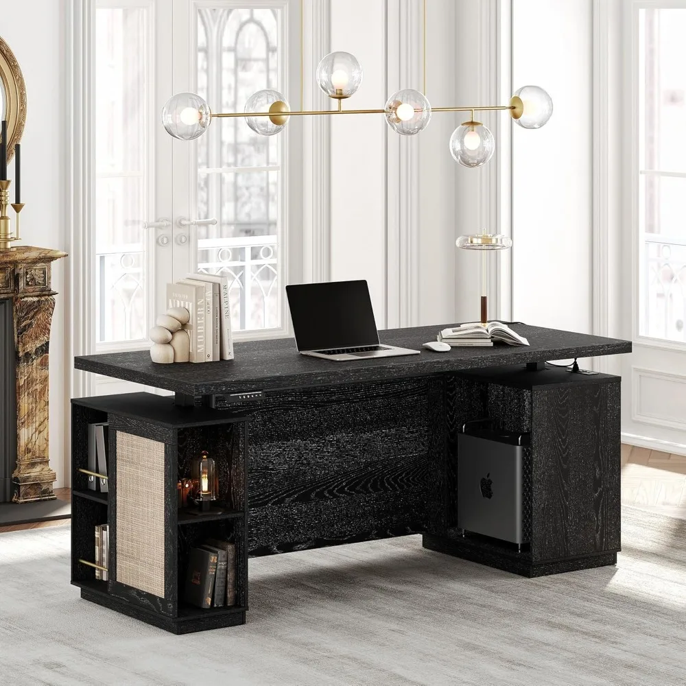 

Large Executive Electric Height Adjustable Standing Desk with Storage, AC/USB Outlets and Privacy Panel