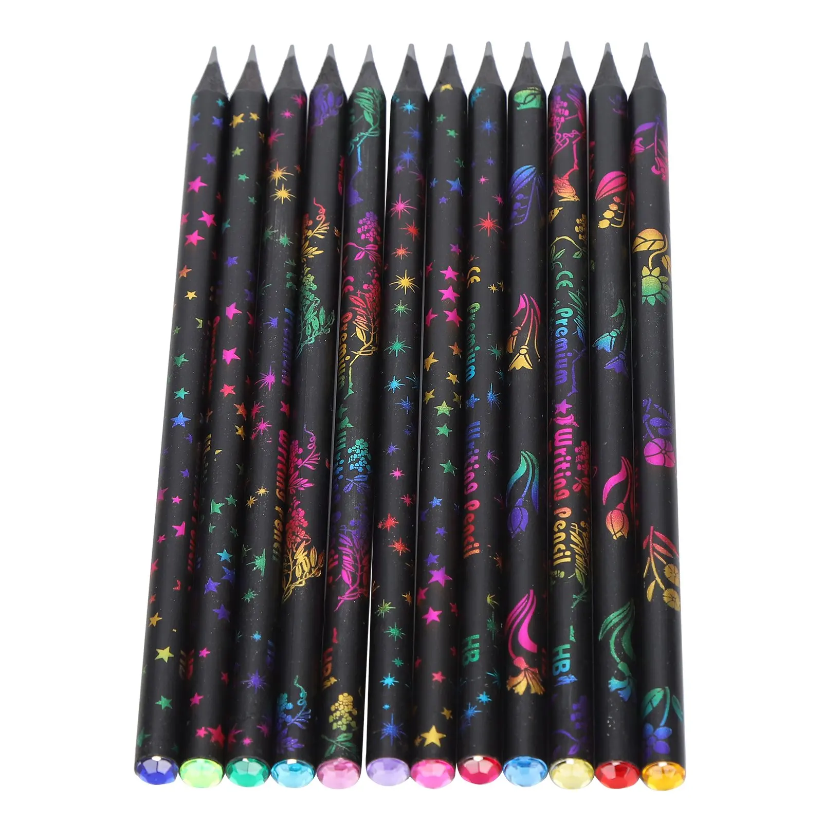 12pcs Blackwood HB Pencil Children Writing Drawing Pencil with Inlaid Rhinestone