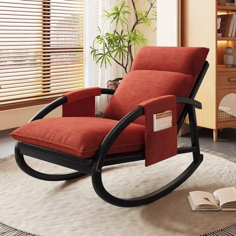 Chair Solid wood curved rocking chair, side storage bag Fabric soft bag rocking chair