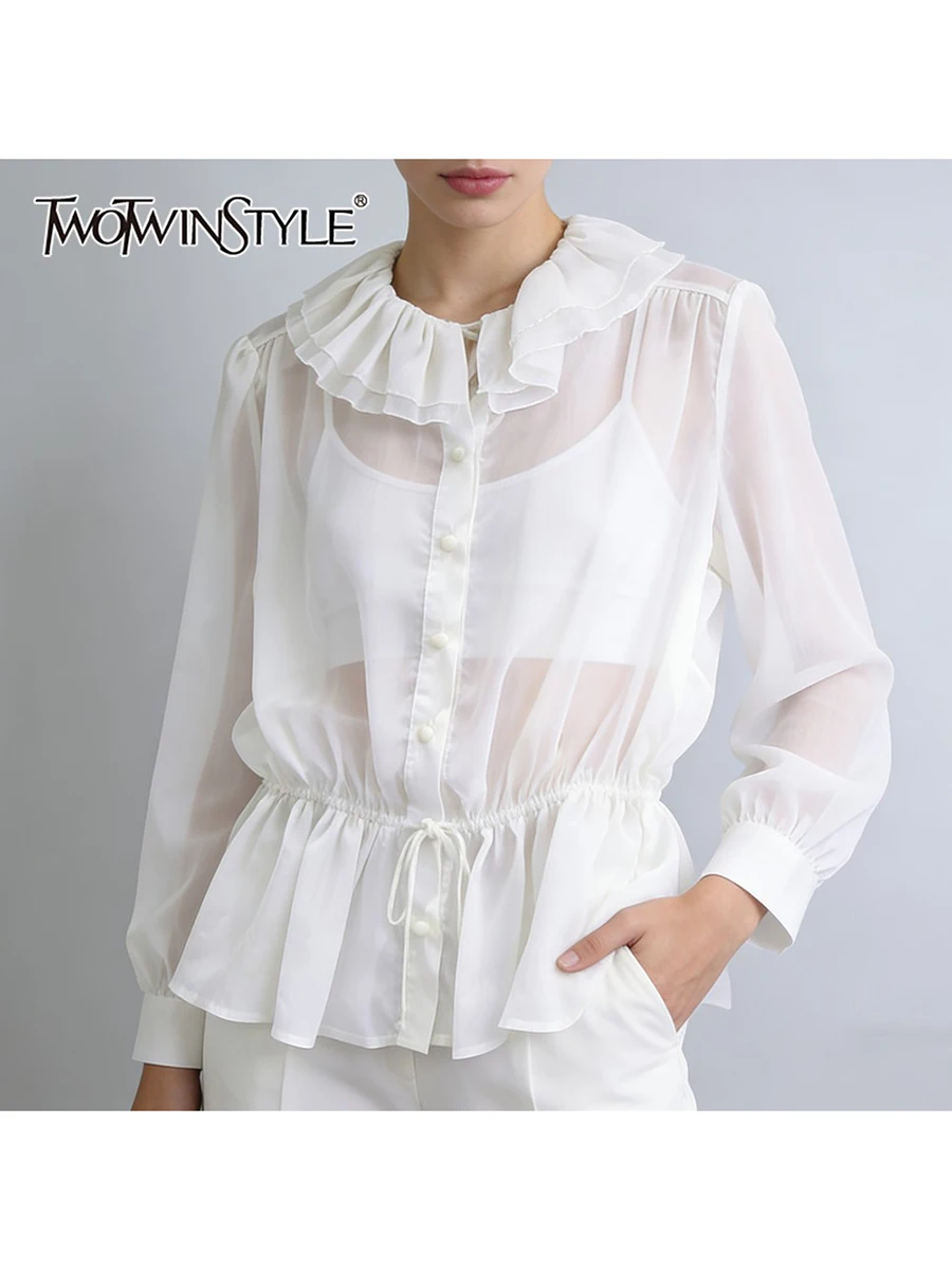 

TWOTWINSTYLE Solid Loose Sheer Spliced Ruffles Minimalist Shirts for Women Round Neck Long Sleeves Tunic Casual Shirt Female New
