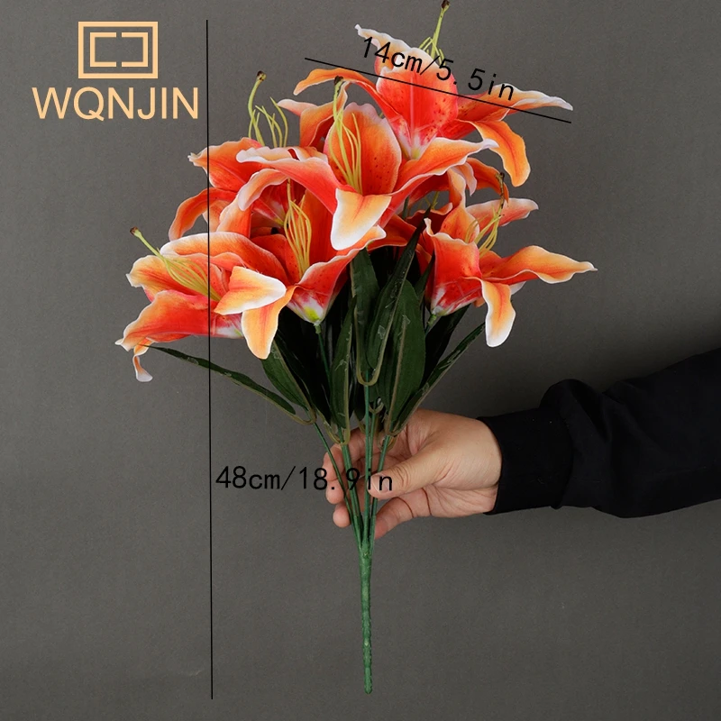 Künstliche Lilienblumen mit 9 Köpfen, europäischer mehrfarbiger gefälschter Brautblumenstrauß, Hochzeit, Zuhause, Party, Dekoration, Blumen – Detail 7