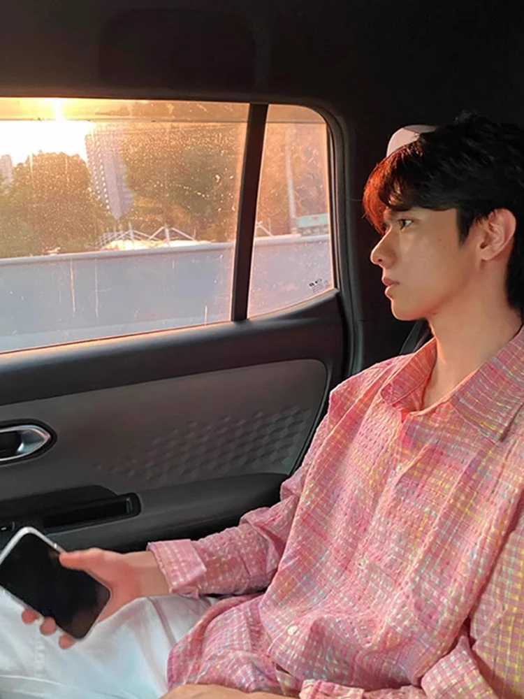 

Pink Bubble Plaid Long Sve Collared irt Men's Sle American Retro Cleanfit Spring Autumn Polyester Fiber Stand Fit