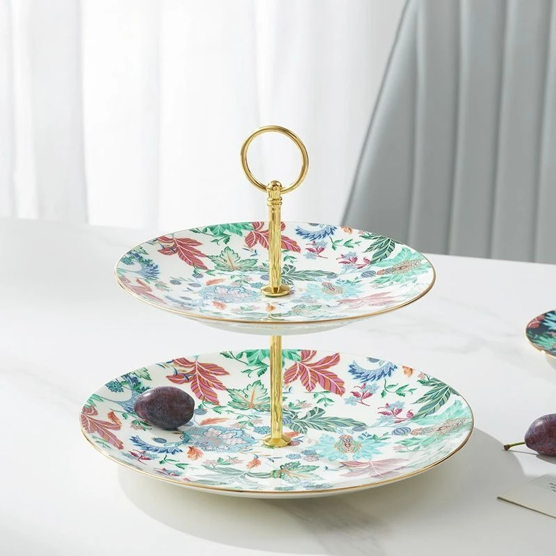 2-Layer cake with double-layer snack plate for household use, ceramic fruit plate candy box