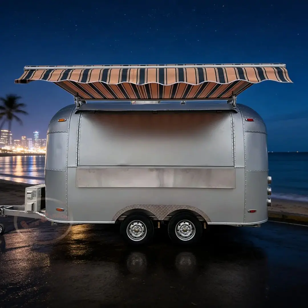 

Тележка для еды в стиле Airstream из нержавеющей стали, мобильный кухонный прицеп с раковиной и полками для бизнеса быстрого питания на открытом воздухе