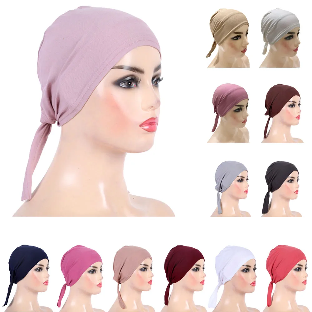 

New Soft Cotton Muslim Turban Hat Inner Hijab Caps Islamic Underscarf Bonnet Tie Back Female Headwrap Turbante Mujer Headcover