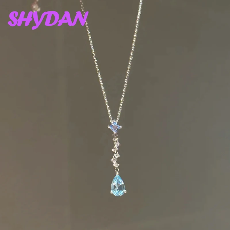 SHYDAN 925 Sterling Silver Mermaid Blue Tears Aquamarine Long Necklace Chains For Women Girls Fashion Jewelry