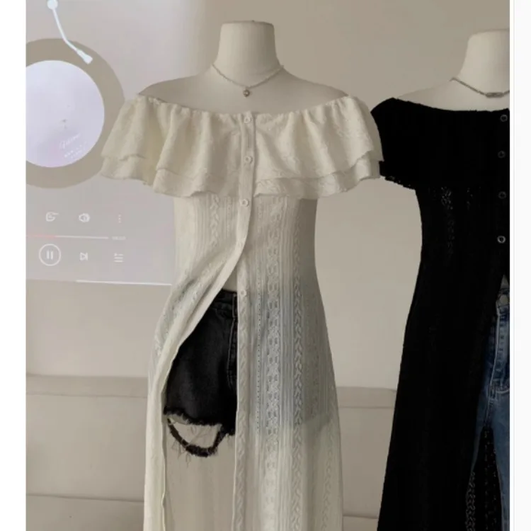 Elegant Fashion Slash Neck Ruffles Black Blouses Y2k Sexy Slim Waist Shirts Women 2024 Summer New Mid-length Blusas Mujer