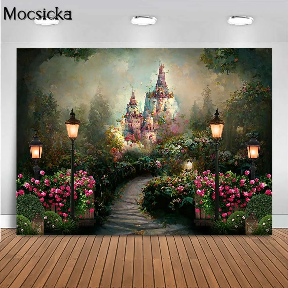 

Mocsicka Spring Garden Castle Backdrop Photography Birthday Girl Portrait Photo Background Studio Photoshoot Props Photo Booth